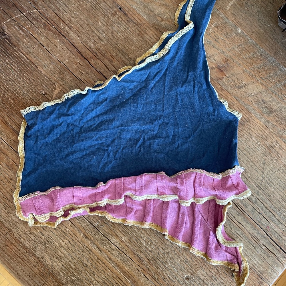 Handmade Asymmetrical Blue and Pink Ruffled Top